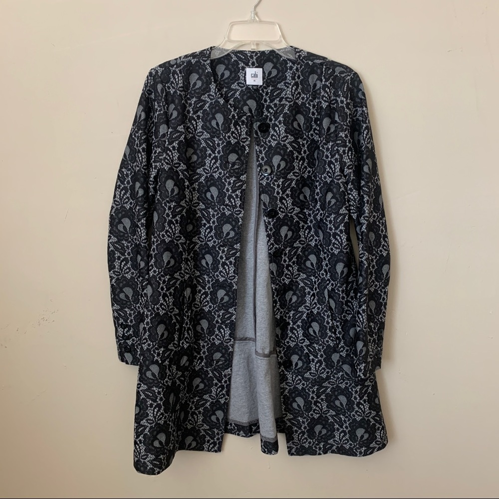 CAbi Black on Gray Floral Jacquard Coat